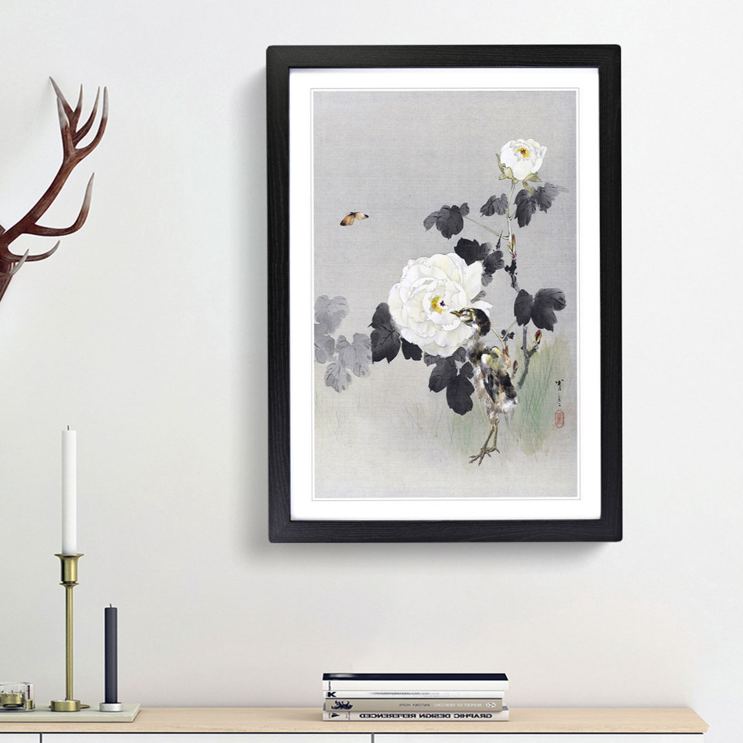Young Bird and Butterfly by the Roses by Watanabe Seitei - Framed Print