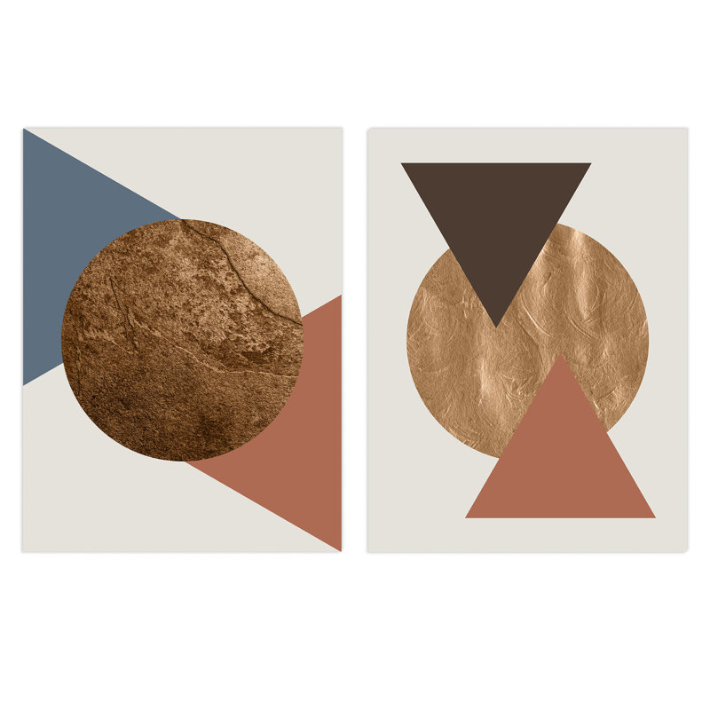 Copper Terracotta Blue Circle Triangles Boho Shapes Abstract Geometric - 2 Piece No Frame Print Set