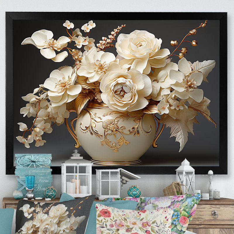 Baroque Hydrangea White And Gold VII On Canvas Print, 24" H x 32" W x 1" D, Black Single Picture Framed