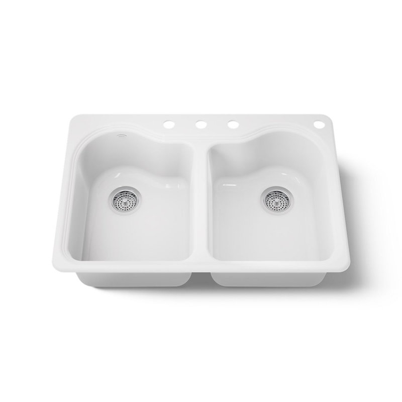 Hartland 33" L x 22" W x 9-5/8" Double Basin Drop-In Kitchen Sink, White, 4 Hole