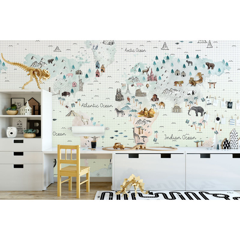 Papier peint doux avec mappemonde, Petits animaux et repères célèbres, L 105,96 po x l 187 po, Vert
