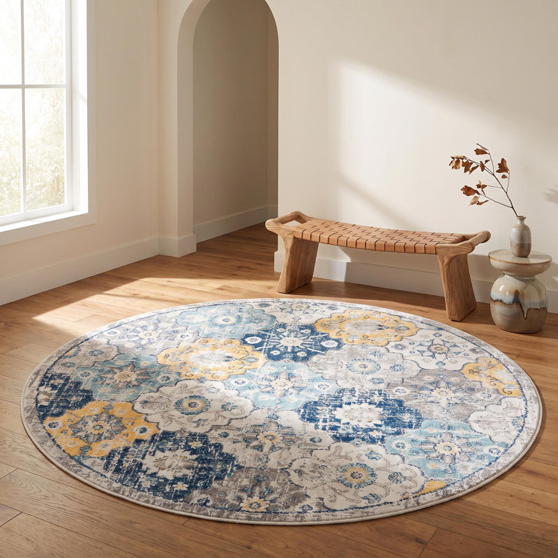 Tapis rond lavable antidérapant floral bleu et gris 8 pi