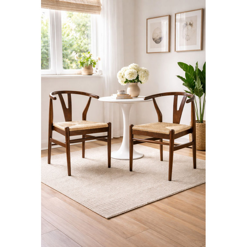 Ensemble de 2 chaises de salle à manger Cera, corde tissée à la main, bois, Brun cappuccino / beige