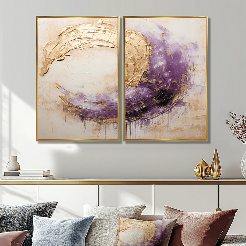 Spirale lunaire dorée et mauve - impressions sur toile modernes, H 36 po x l 48 po, Impression encadrée flottante, Doré