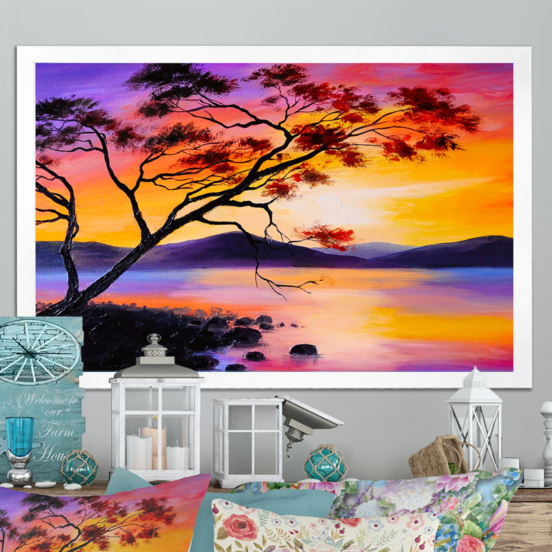 " Colourful Sunset On The Lake ", 8" H x 12" W x 1" D, White Picture Framed Canvas