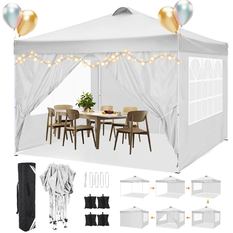 Tente escamotable avec 4 parois latérales l 118 po x P 118 po COBIZI, auvent extérieur imperméable avec évent UPF 50 +, Blanc