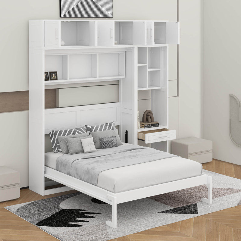 Lit escamotable double pleine grandeur avec bureau, Blanc, Lit double