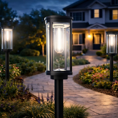 Solar Powered Integrated LED Pathway Light, Outdoor Landscape Lights Cylinder Cool White Waterproof IP65, Auto On/Off
