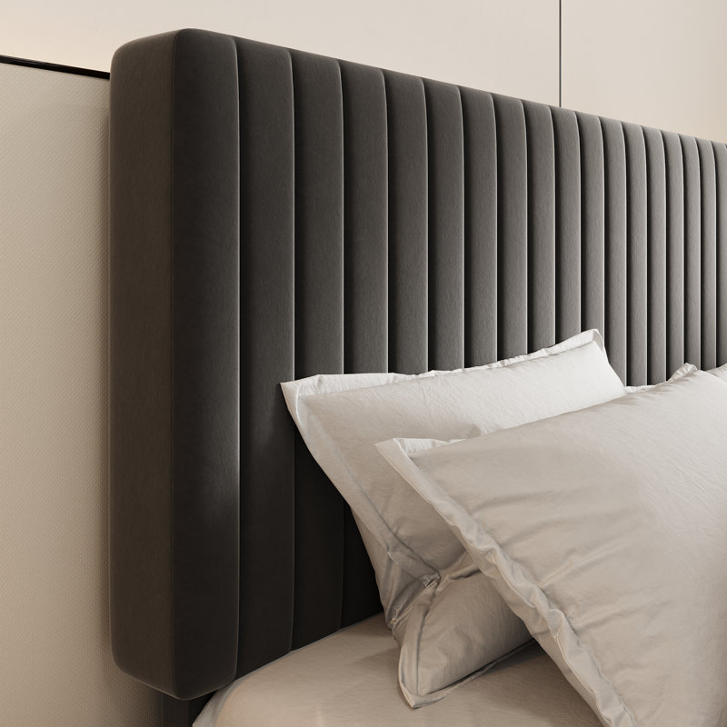 Velvet Upholstered Platform Bed With Adjustable Vertical Channel Tufted Headboard, Black, Queen