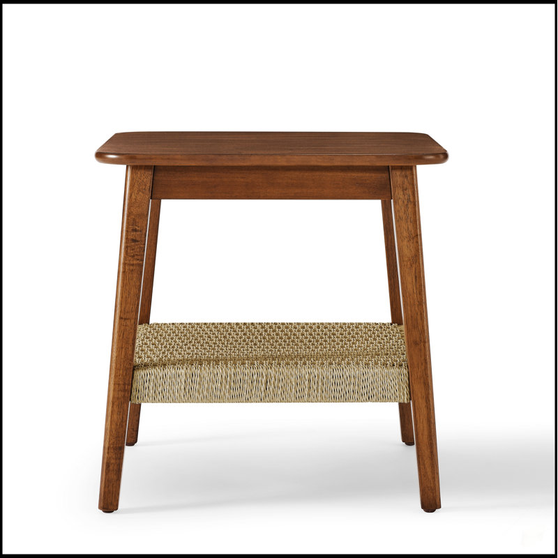Table d'appoint de 23 pouces de style Mid-Century avec tablette en rotin tissé, table de rangement Boho pour le salon et la chambre à coucher
