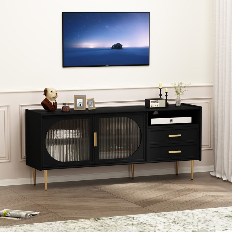 Meuble télé 60 po Modern Farmhouse pour téléviseur de 70 po ou moins, console média en verre cannelé avec 2 tiroirs et rangement ouvert, centre de divertissement avec pieds en métal doré pour le salon et la chambre à coucher