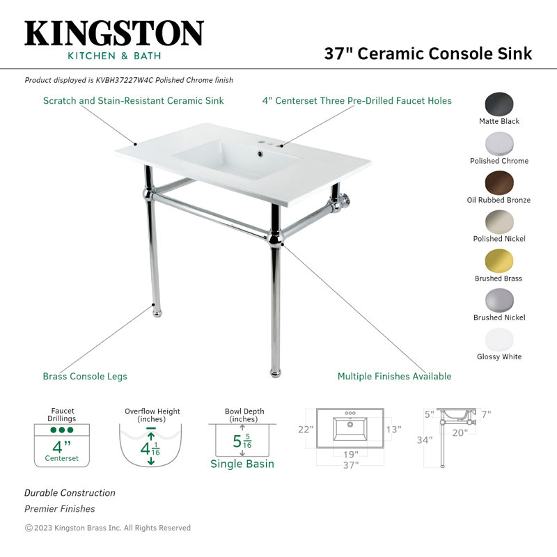 Kingston Brass Templeton 37-Inch Ceramic Console Sink with Brass Legs, White/Polished Chrome, 8" Centers