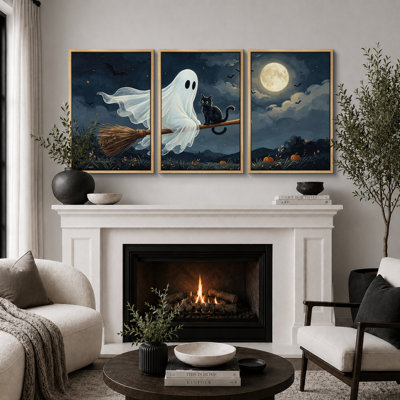 Tableau représentant une sorcière fantôme et un chat, impression giclée sur toile encadrée (3 pièces) - 40,6 x 61 cm (16 x 24 pouces)