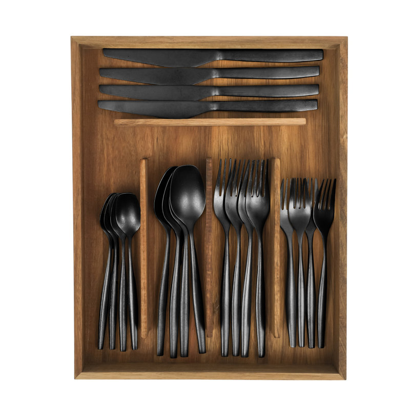Bloomhouse 20 Piece Stone Washed Flatware 18/10 Stainless Steel Silverware Cutlery Utensil Set With Acacia Wood Caddy , Black