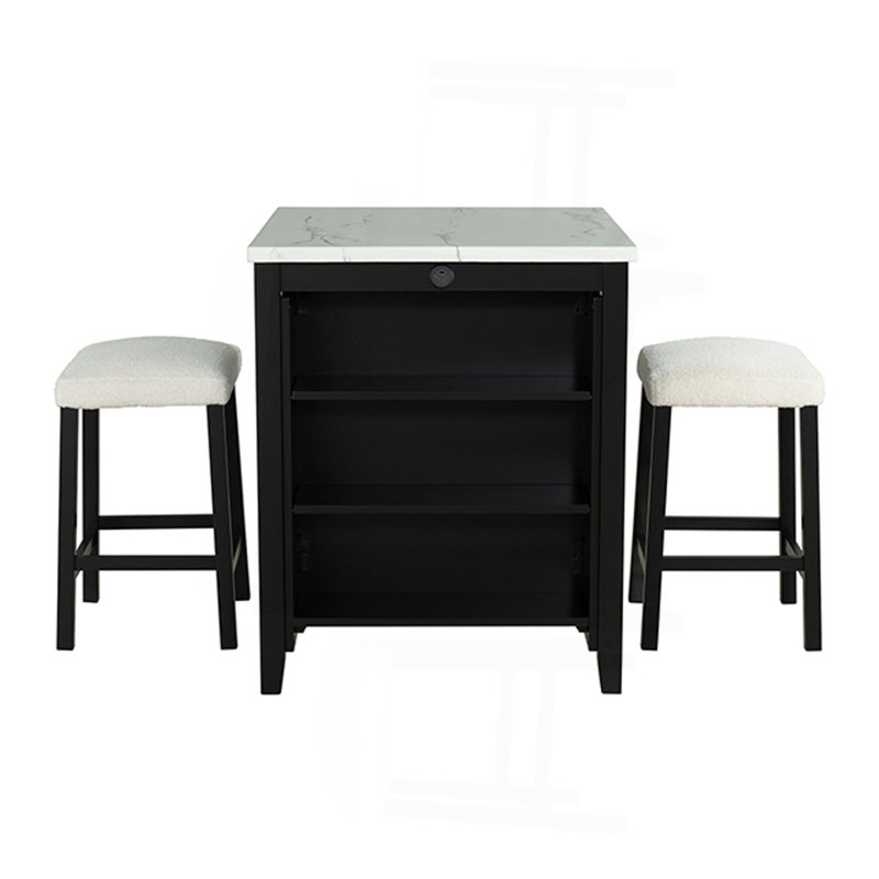 Black Dining Table Storage Side Shelves 2X Stools High Gloss Table Top White / Ivory 3Pc Dining Set