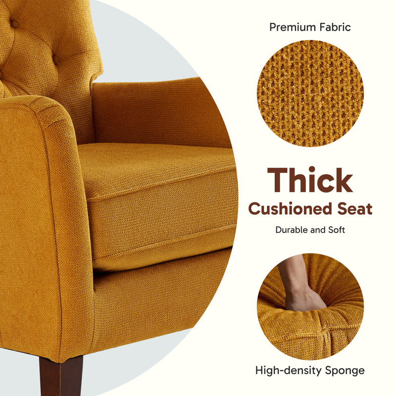 Button-Tufted Horn-Back Armchair, Accent Chair with Padded Cushion, Side Pocket and Solid Wood Legs (Set of 2), Yellow