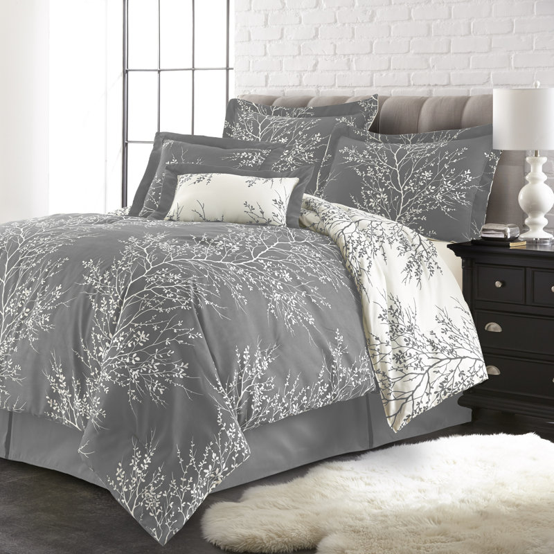Foliage Reversible Comforter Set, Gray/White, Queen Comforter Set + 5 Additional Pieces