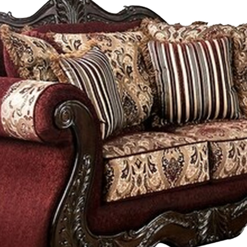 Ensemble de causeuse 2 pièces Maty, chenille bourgogne brun, 5 coussins décoratifs