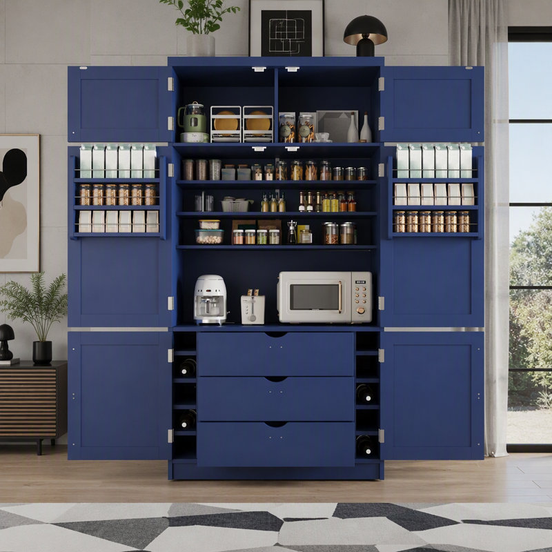 Freestanding Kitchen Pantry Cabinet, Integrated Power Outlets, Adjustable Shelving & Wine Rack, Contemporary Style, Dining & Living Room