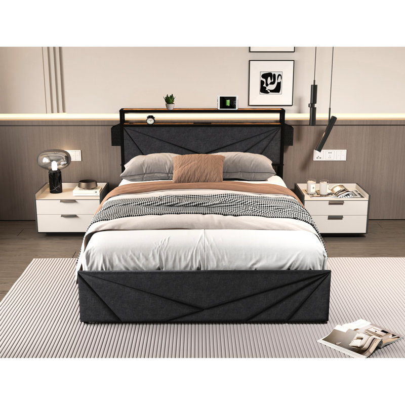 Lit plateforme double avec rangement et DEL - construction, poids de 86,62 lb, structure en métal stable avec ports de charge en noir et gris, largeur de 58,55 po,
