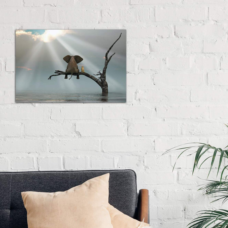 Elephant And Dog Are Sitting On A Tree Fleeing A Flood by Mike Kiev - Wrapped Canvas Print