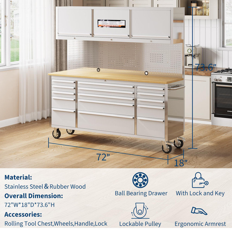 Coffre à outils 72 pouces, boîte à outils mobile à 9 tiroirs avec roulettes et verrou, armoire de rangement à roulettes pour atelier de garage, aluminium
