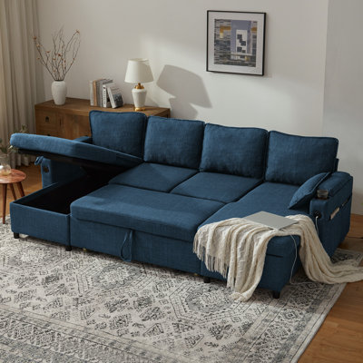 U‑shaped sleeper sectional couch bed, 3‑in‑1 convertible pull‑out sofa bed with hidden storage, USB ports and cup holders for living room