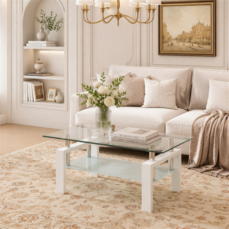 Table basse en verre trempé transparent, H 17,72 po x l 39,37 po x P 21,65 po, Transparent / noir