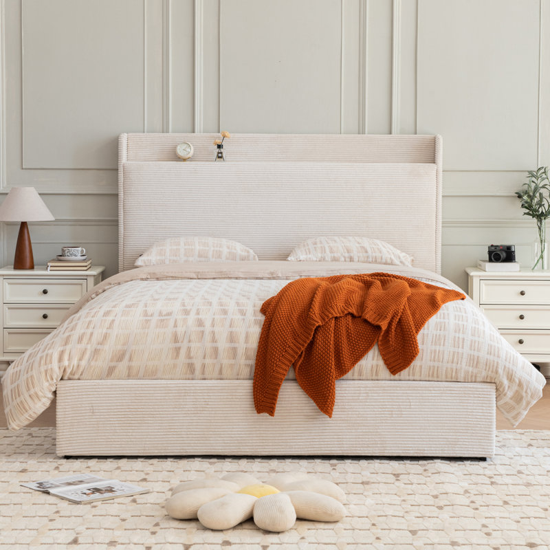 Sittard Upholstered Storage Platform Bed, Cream, Full