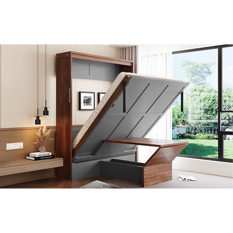 Lit double avec bureau pliable, style noyer et gris, parfait pour les chambres d'amis et les petits appartements, panneaux faciles à entretenir, espace de travail intégré, finition idéale