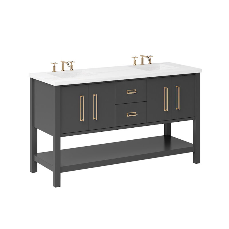 Meuble-lavabo double Kiawah, Noir cassé, Or satiné, 60"