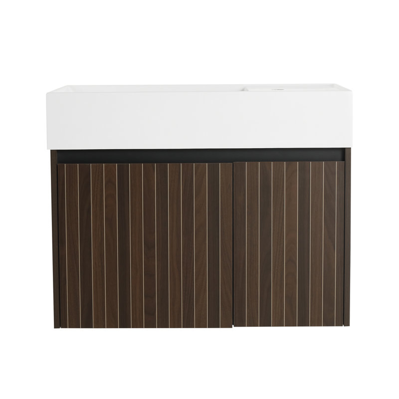 Meuble-lavabo flottant 30 po avec lavabo et portes à fermeture douce, contreplaqué à rayures brun argenté
