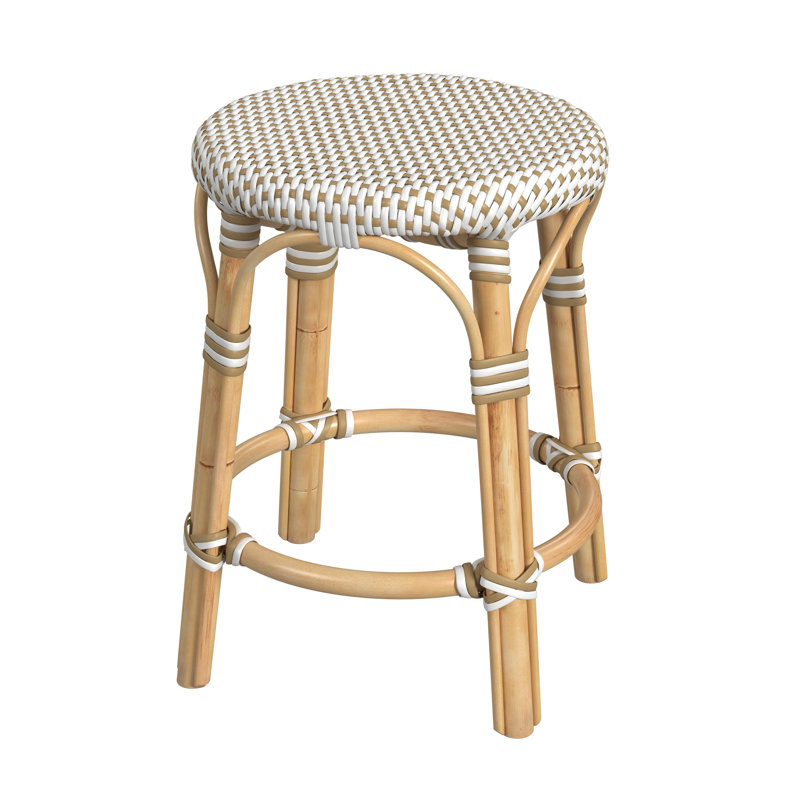 Alastair 18" Dining Short Stool, White/Tan Dot/Natural Rattan Frame