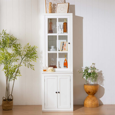75.25'' Tall Freestanding Pantry Cabinet With Glass Door & Lattice Window, Farmhouse Display Cabinets With Storage, Hutch With Double-Action LH&RH Door For Hallways, Livingroom Kitchen & Office
