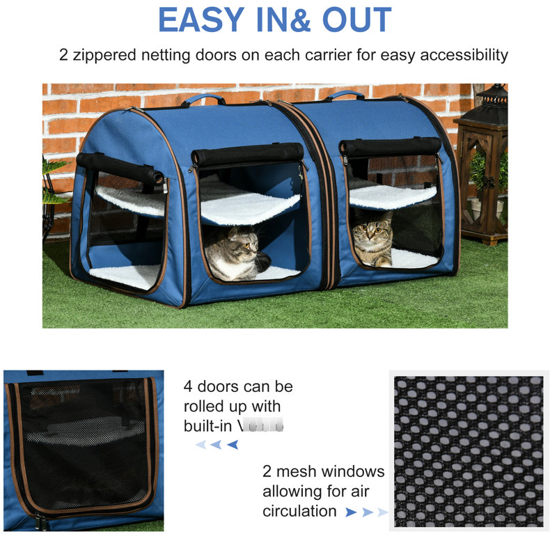 Boîte de transport bleue pour chat 39 po - Tissu respirant, deux compartiments, coussins moelleux et coffre de rangement portable, bleu, fenêtres