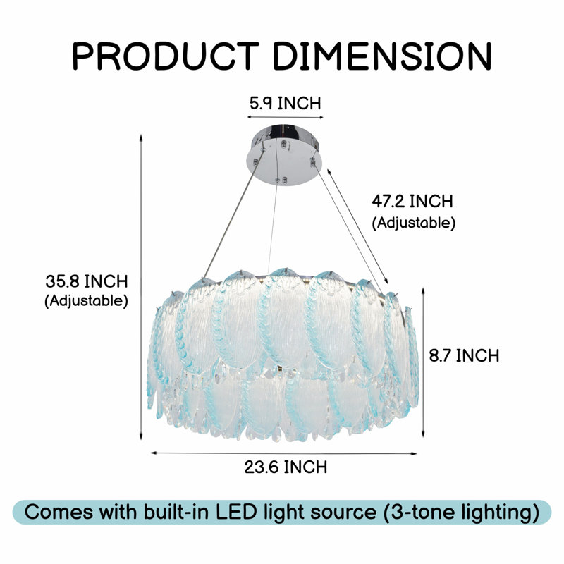 Lustre en cristal bleu 23,62 "avec cordon réglable (lampe à DEL à intensité variable 3 couleurs)