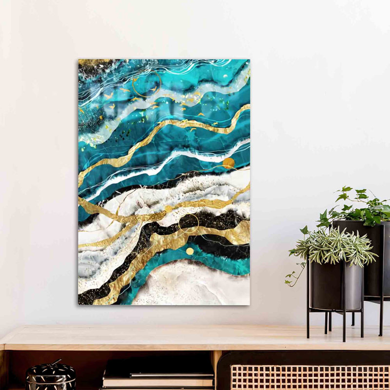 Art mural en verre trempé bleu et doré pour décoration intérieure moderne et technique élégante avec encre à alcool