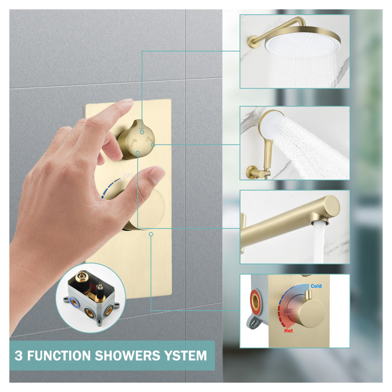 Système de douche luxueux en or brossé 3 fonctions avec douche de tête de 10 pouces, douchette à 3 jets et bec de baignoire - valve en laiton massif, économie d'eau à haute pression