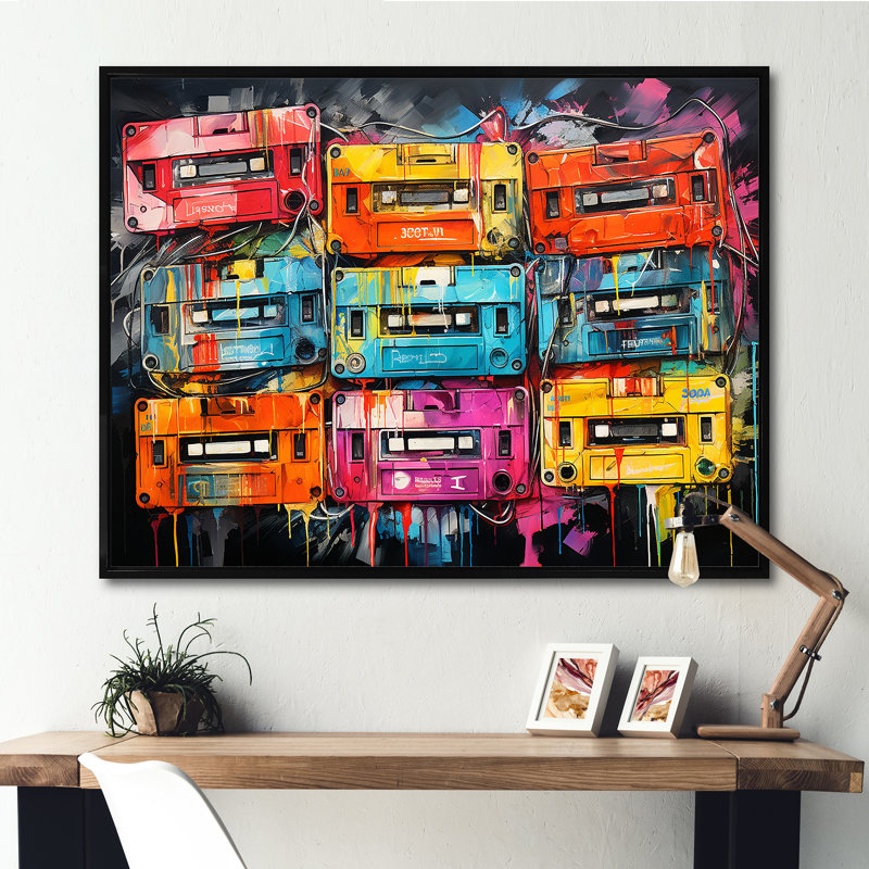 Neon Groove Cassette Tapes II - Cassette Tapes Wall Art, Cadre flottant noir, H 12 po x l 20 po x P 1 po