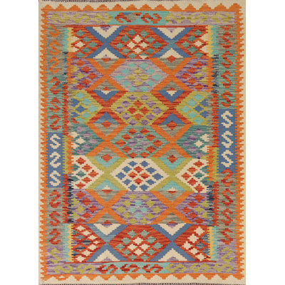 Tapis géométrique en laine réversible Kilim 4 x 6