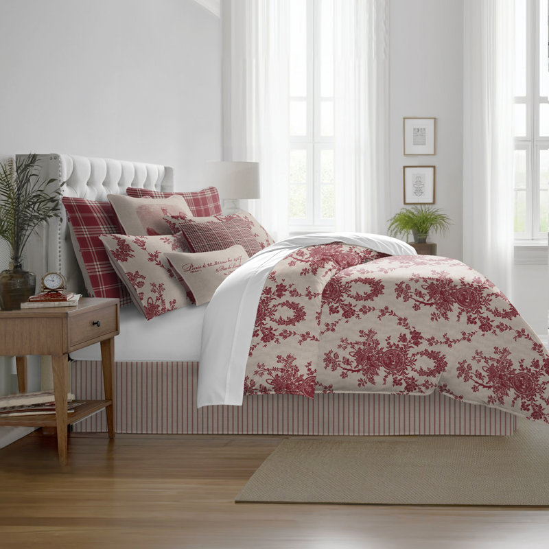 Country Lane Toile Crimson Cotton Comforter Set  8 Piece, Queen Comforter + 7 Additional Pieces