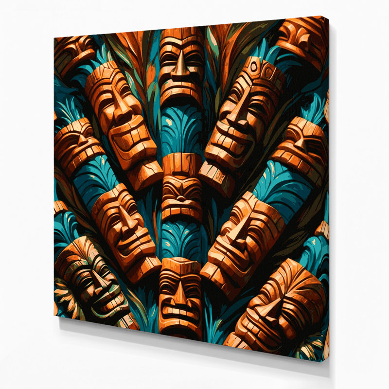 Tiki hawaïen, art mural sur toile brun, H 12 po x l 12 po