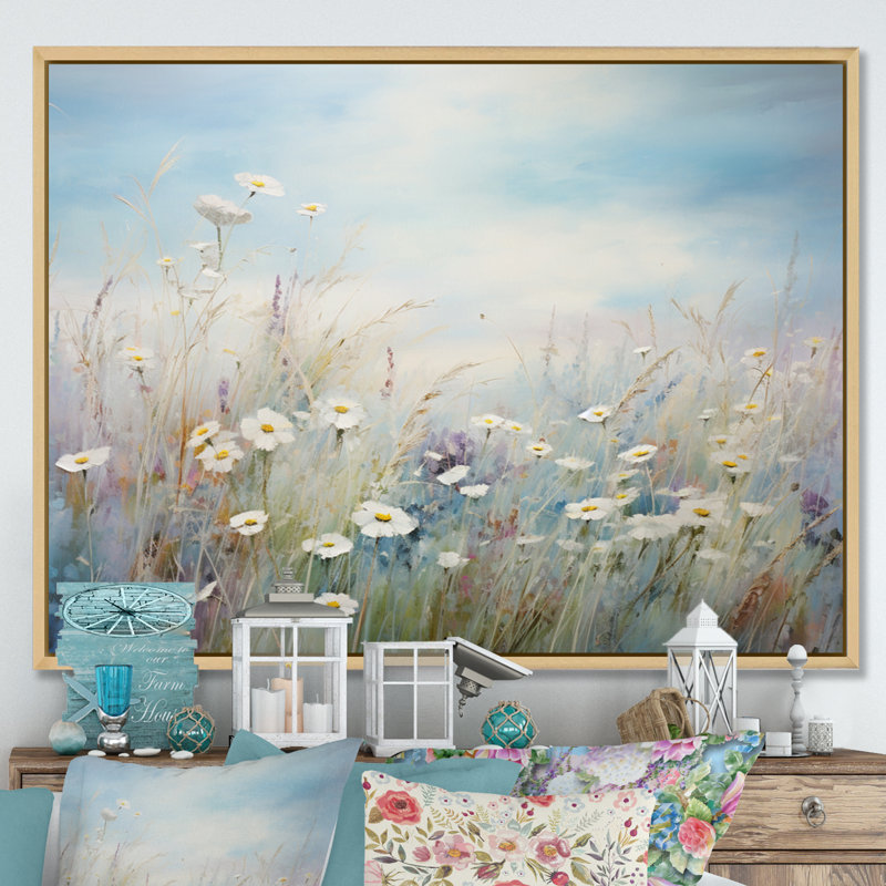 «White Wildflowers Whispering Breeze I», reproduction sur toile, Cadre naturel flottant, H 30 po x l 40 po x P 1,5 po