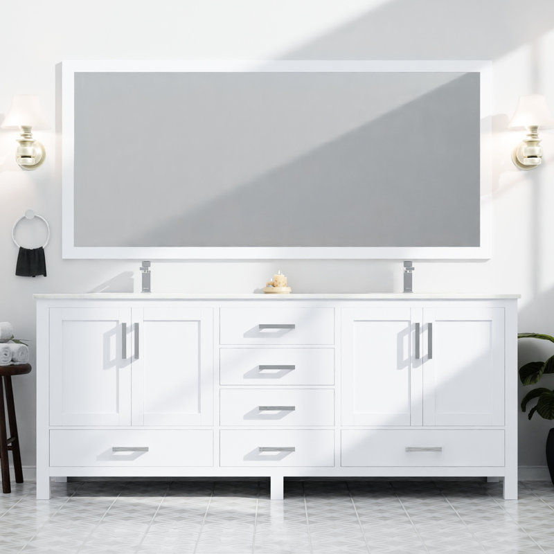 84 po Meuble-lavabo double blanc avec comptoir en marbre, robinet inclus et grand volume de rangement - comptoir de bain à mécanisme de fermeture en douceur et deux armoires intérieures pour quatorze tiroirs