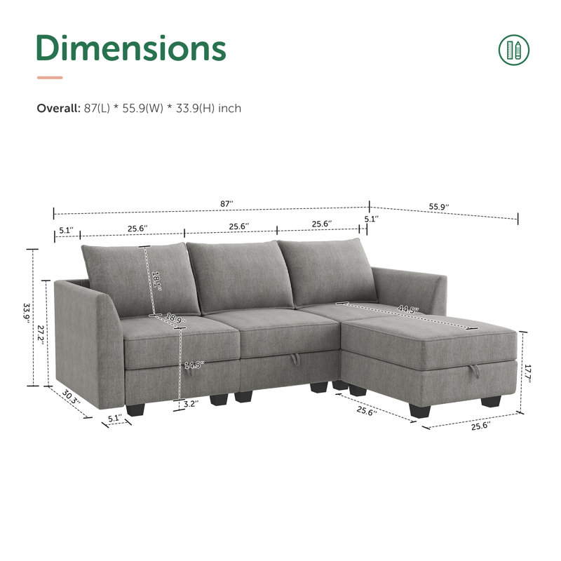 Manusite L-Shaped Modular Sectional Upholstered Couch With Storage Seat, Gray 100% Polyester