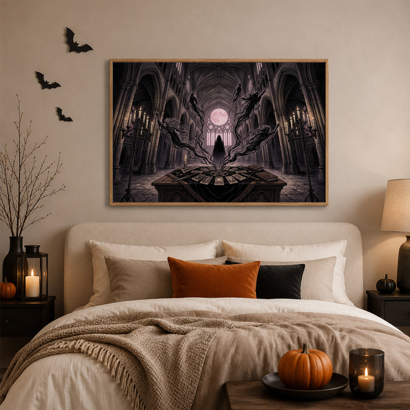 Tableau sur toile représentant un rituel de tarot gothique dans une cathédrale, inspiré des esprits flottants, pour Halloween.