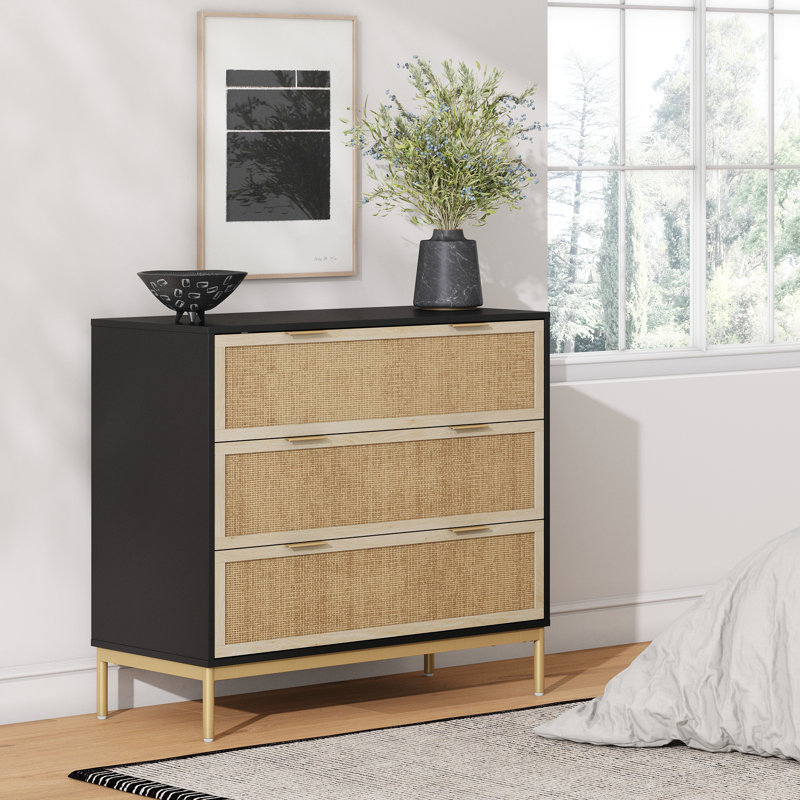 3-Drawer Rattan Dresser with Metal Legs, Black/Gold, Black Oak/Gold
