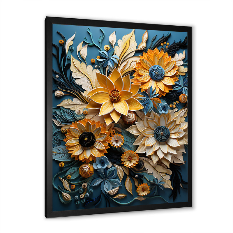 Tournesols abstraits bleus et beiges, Cadre simple noir, H 40 po x l 30 po x P 1,5 po