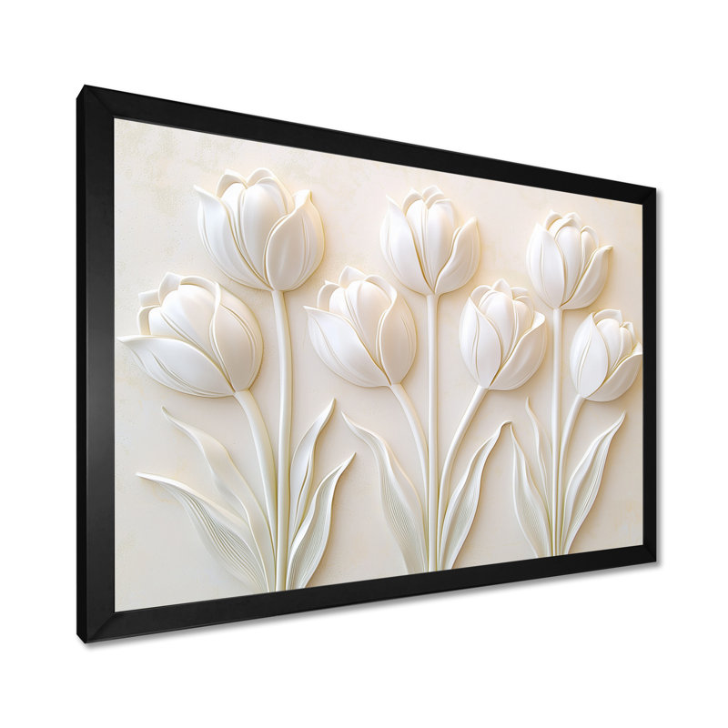 «Minimal White Tulips In Bloom II», reproduction d'art de tulipes, H 34 po x l 44 po, Noir