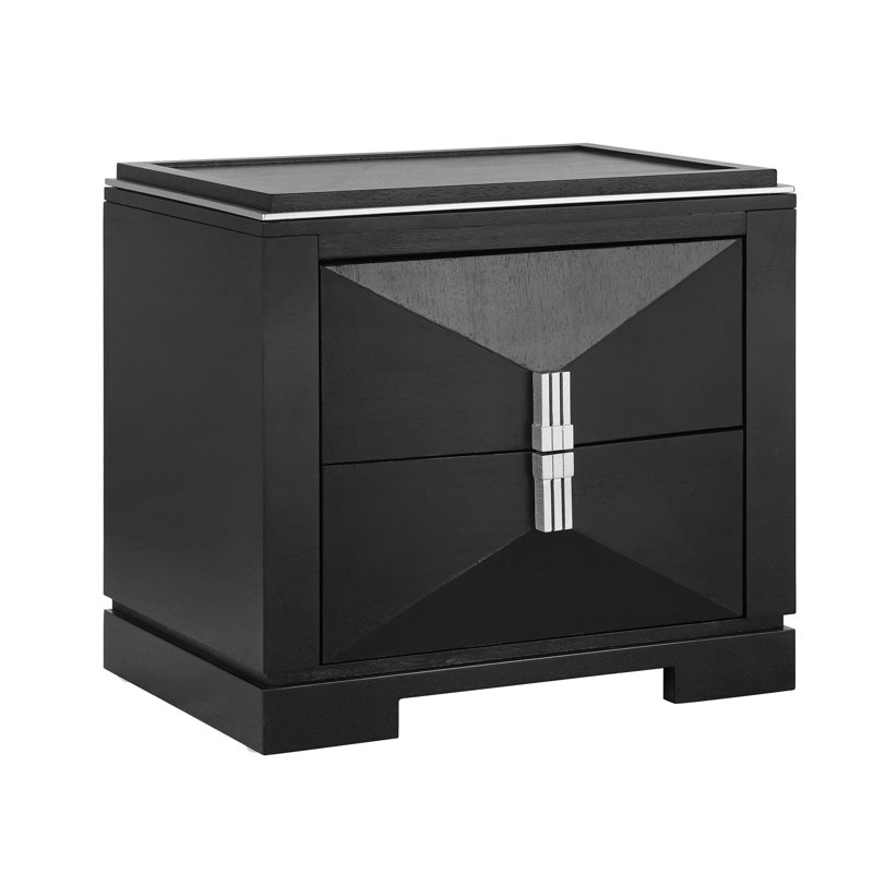 Table de chevet moderne en bois Orion avec tiroirs à motif de losanges et accents argentés Mid-Century, Noir, Ensemble de 2